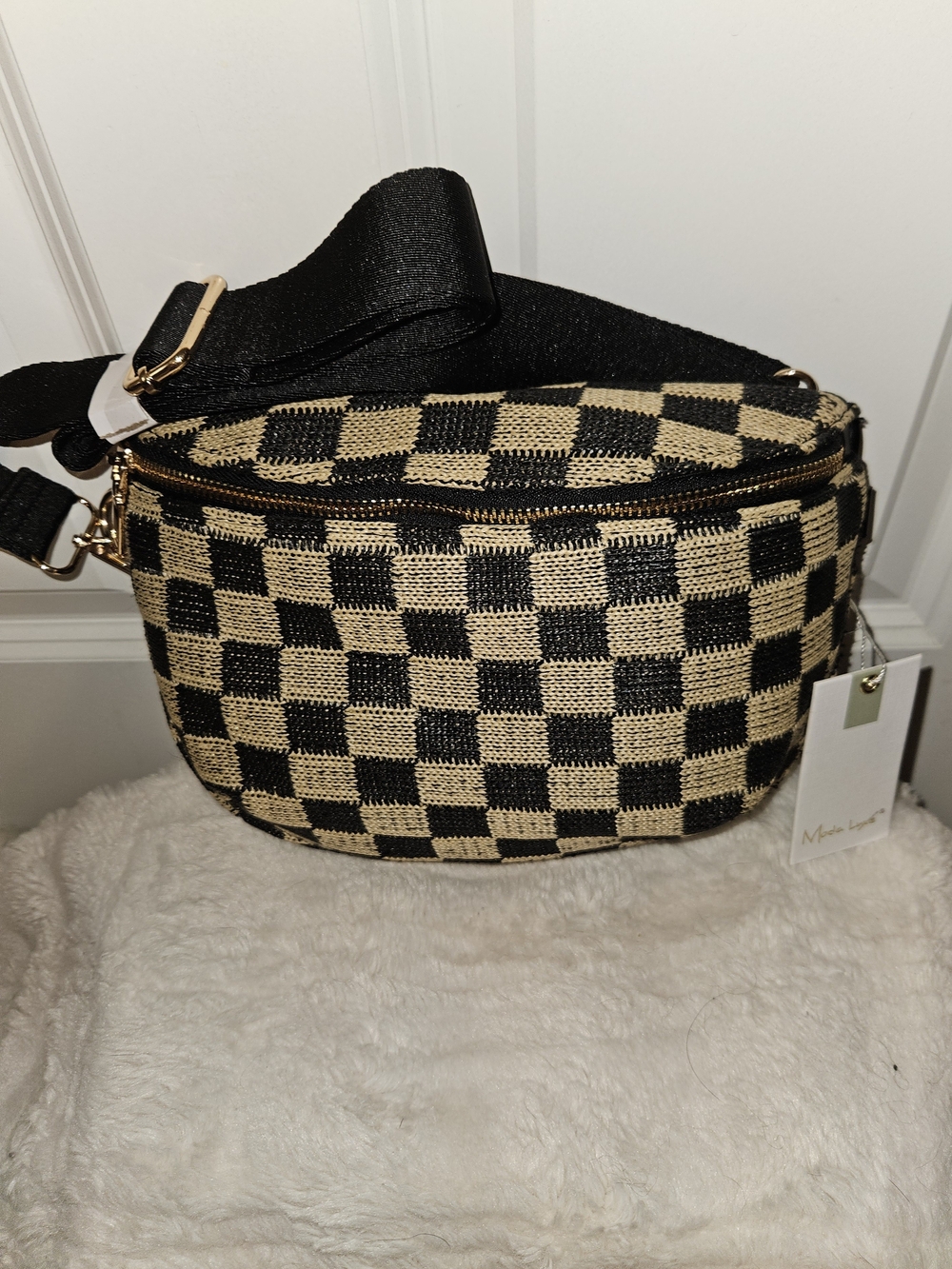 Black and Tan Checkered Mods LUXE Crossbody Bag - Casual Woven Belt Strap